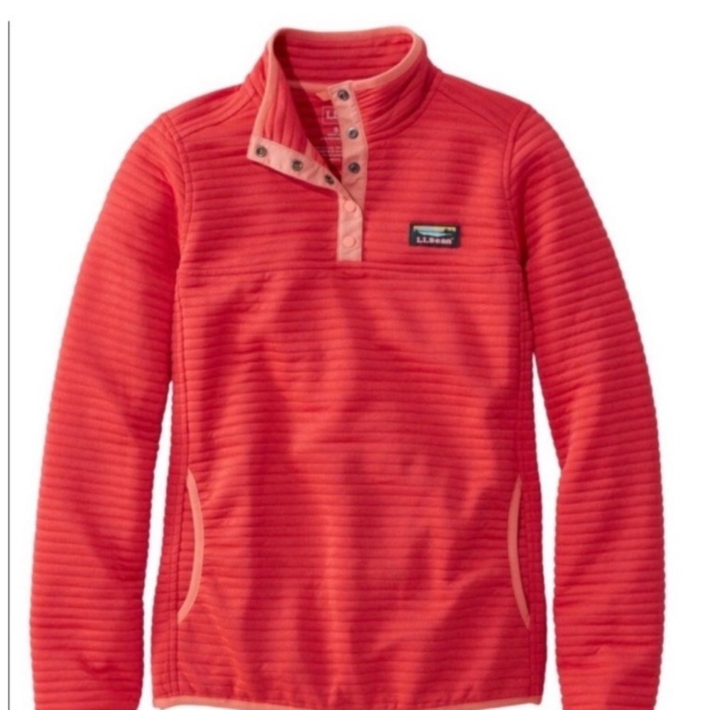 LL Bean Airlight Knit Pullover Womens L Pet Red Excellent Quilted Snap Neck